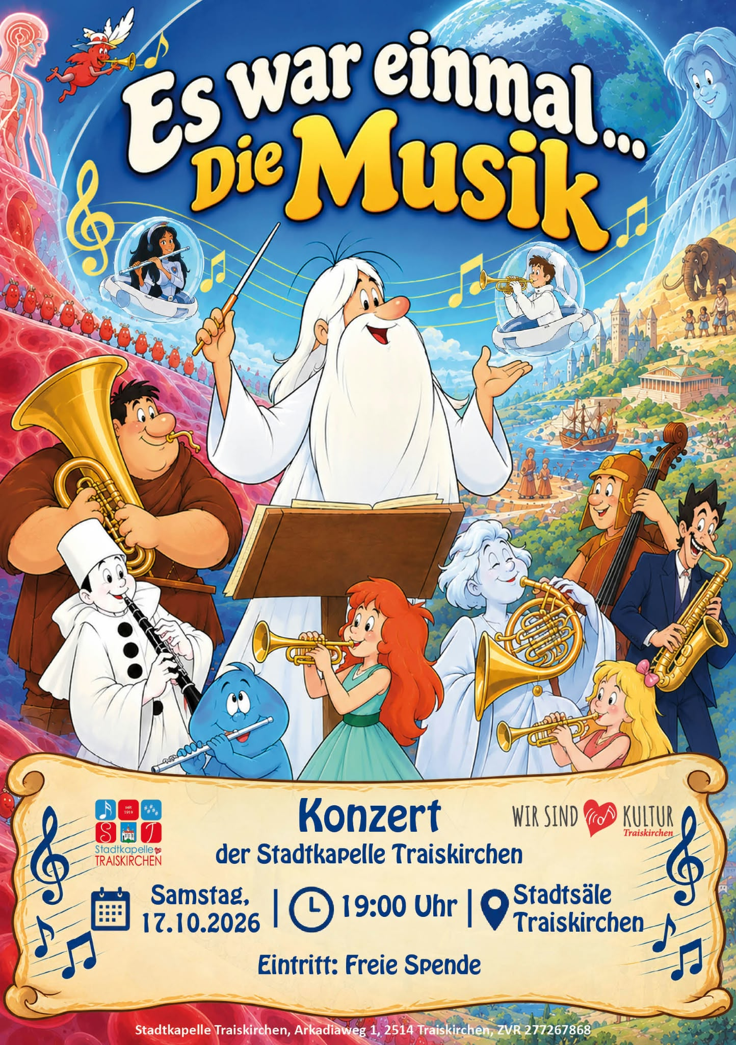Plakat zum Herbstkonzert 2026 der Stadtkapelle Traiskirchen mit dem Motto „Es war einmal … die Musik“